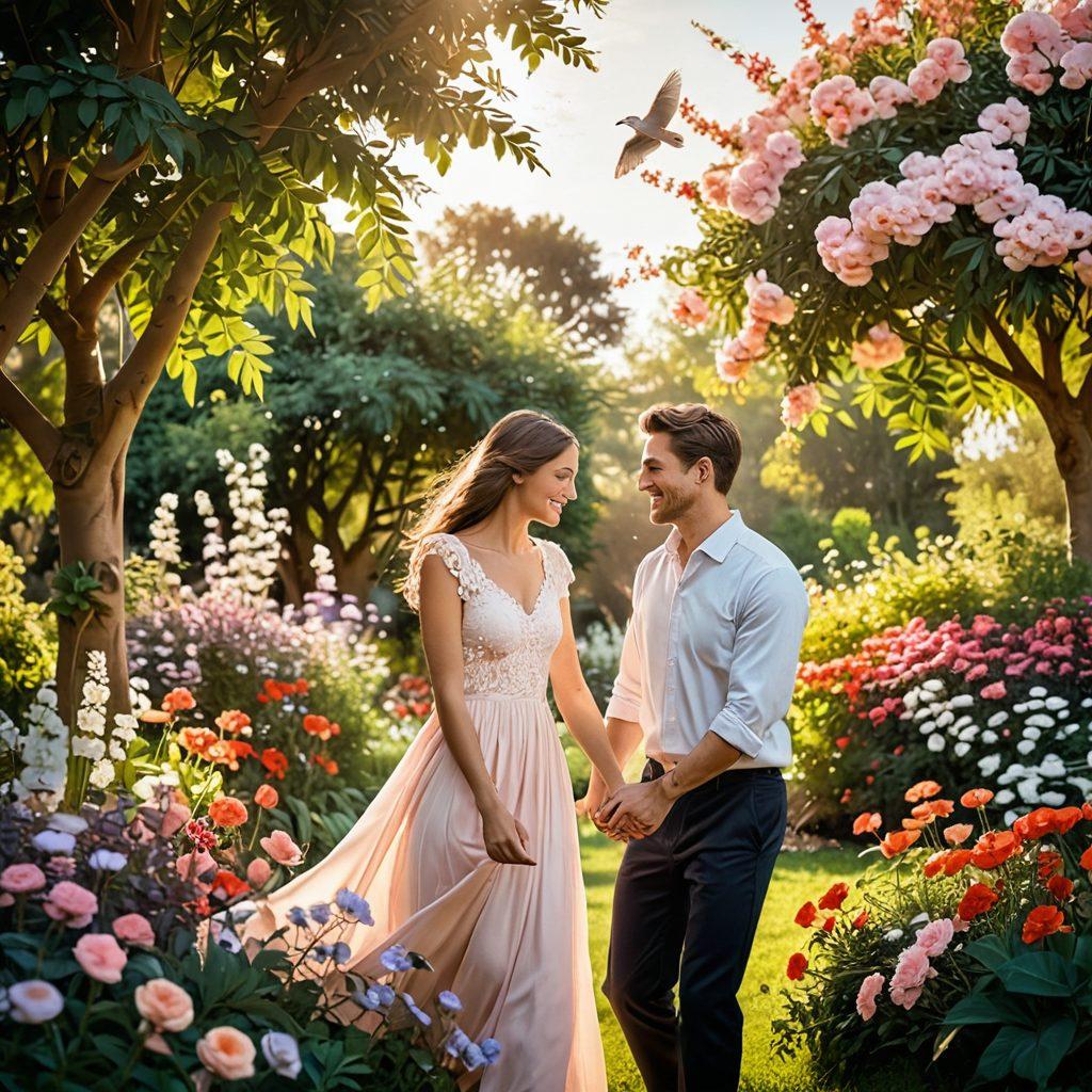A warm, intimate scene featuring a couple holding hands in a lush garden, surrounded by blooming flowers and soft sunlight filtering through the leaves. In the background, there are heart-shaped clouds and silhouettes of birds flying, symbolizing love and freedom. The couple should be smiling and gazing into each other’s eyes, reflecting deep connection and fondness. Add gentle pastel colors for a romantic atmosphere. soft painting. warm hues.