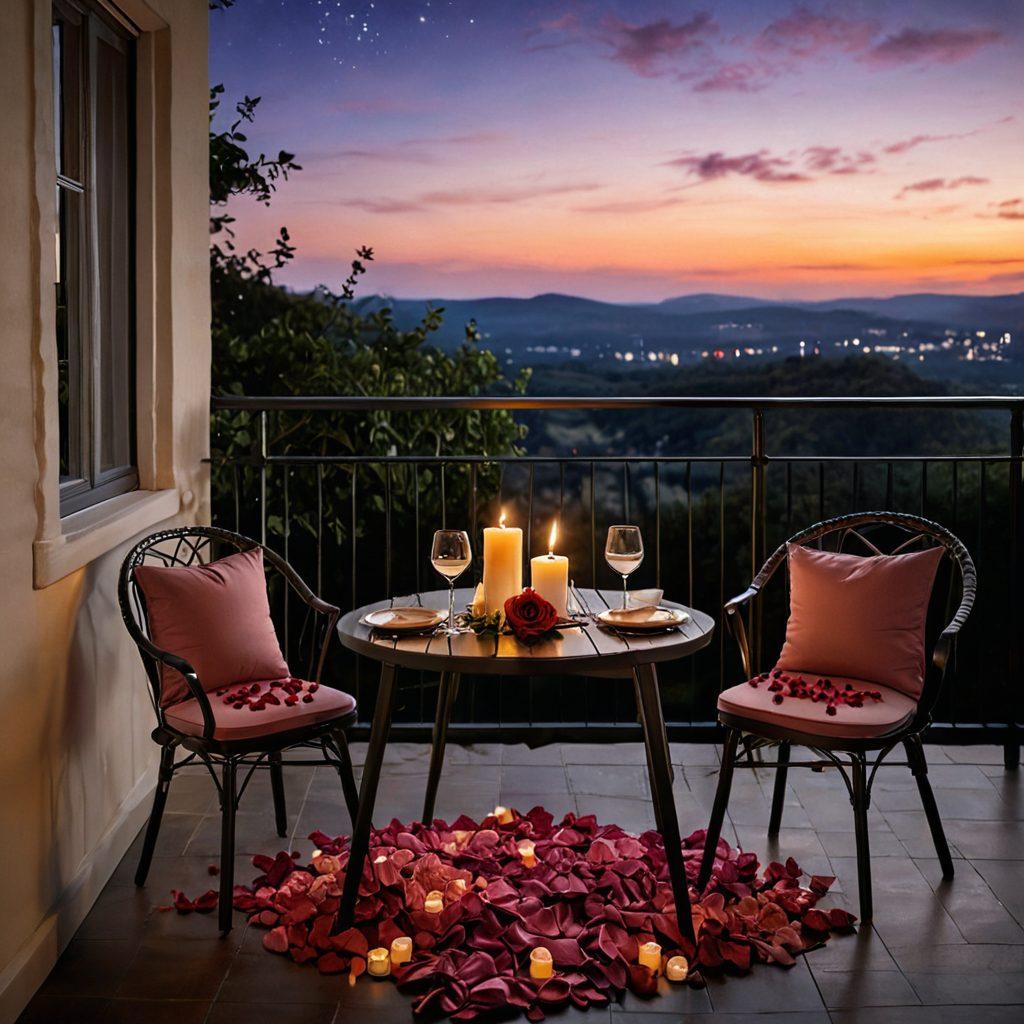 A cozy candlelit dinner setting on a balcony, overlooking a starry night sky, with two wine glasses clinking together in celebration. Soft rose petals scattered on the table, and a gently flickering candle creating a warm ambiance. The couple’s hands are reaching towards each other, symbolizing connection and intimacy. Soft focus with a dreamy glow, capturing a sense of romance and passion. super-realistic. vibrant colors. dreamy atmosphere.