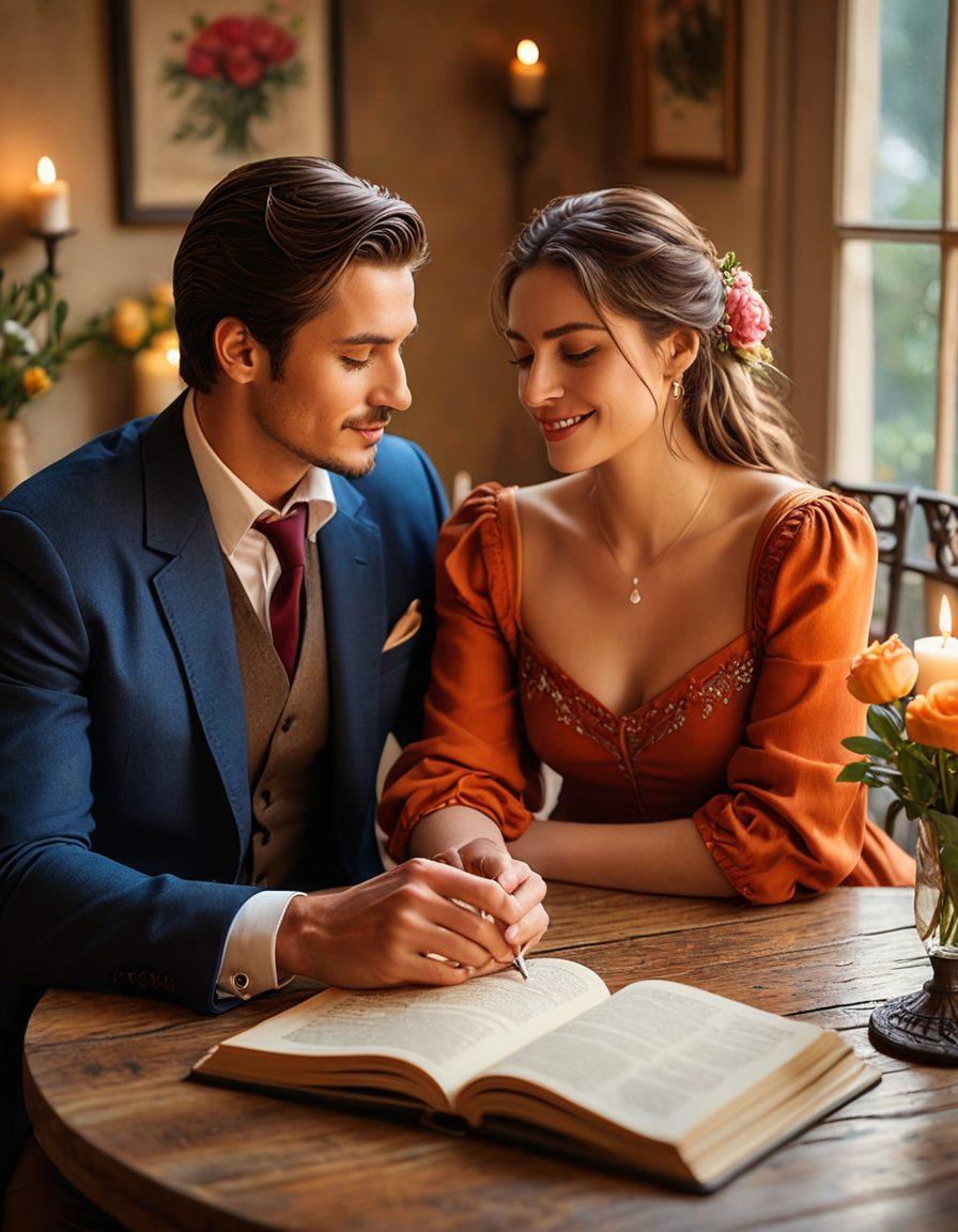 A romantic scene depicting a couple elegantly dressed, sharing a heartfelt moment in a café adorned with candles and flowers. Soft warm lighting creates an intimate atmosphere, while an open notebook with dating advice tips lies on the table. Delicate heart motifs subtly surround the scene, symbolizing love's journey. Each element conveys warmth, connection, and expert advice. super-realistic. vibrant colors. soft focus.